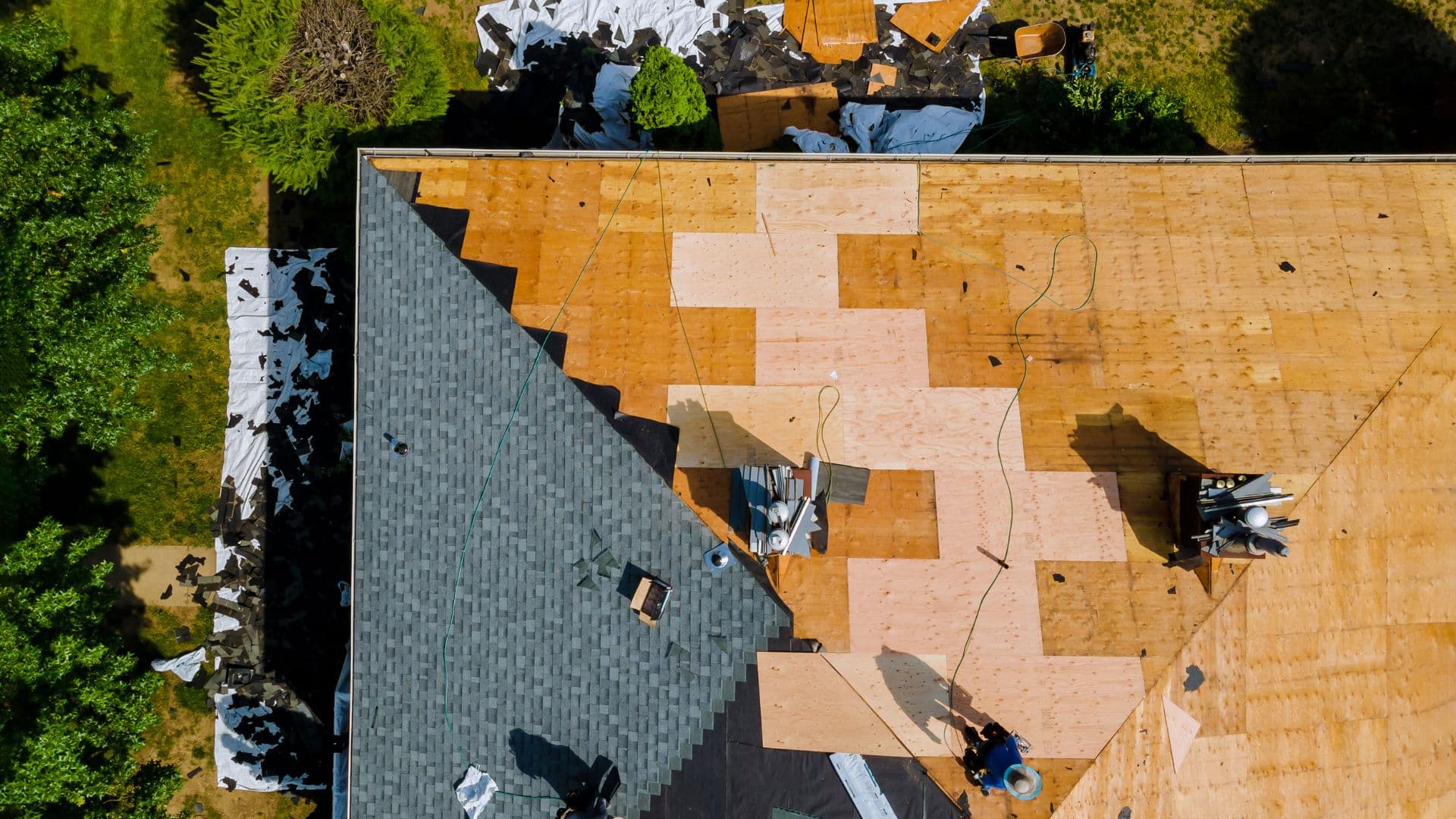 Aerial drone view of a roof deck during installation